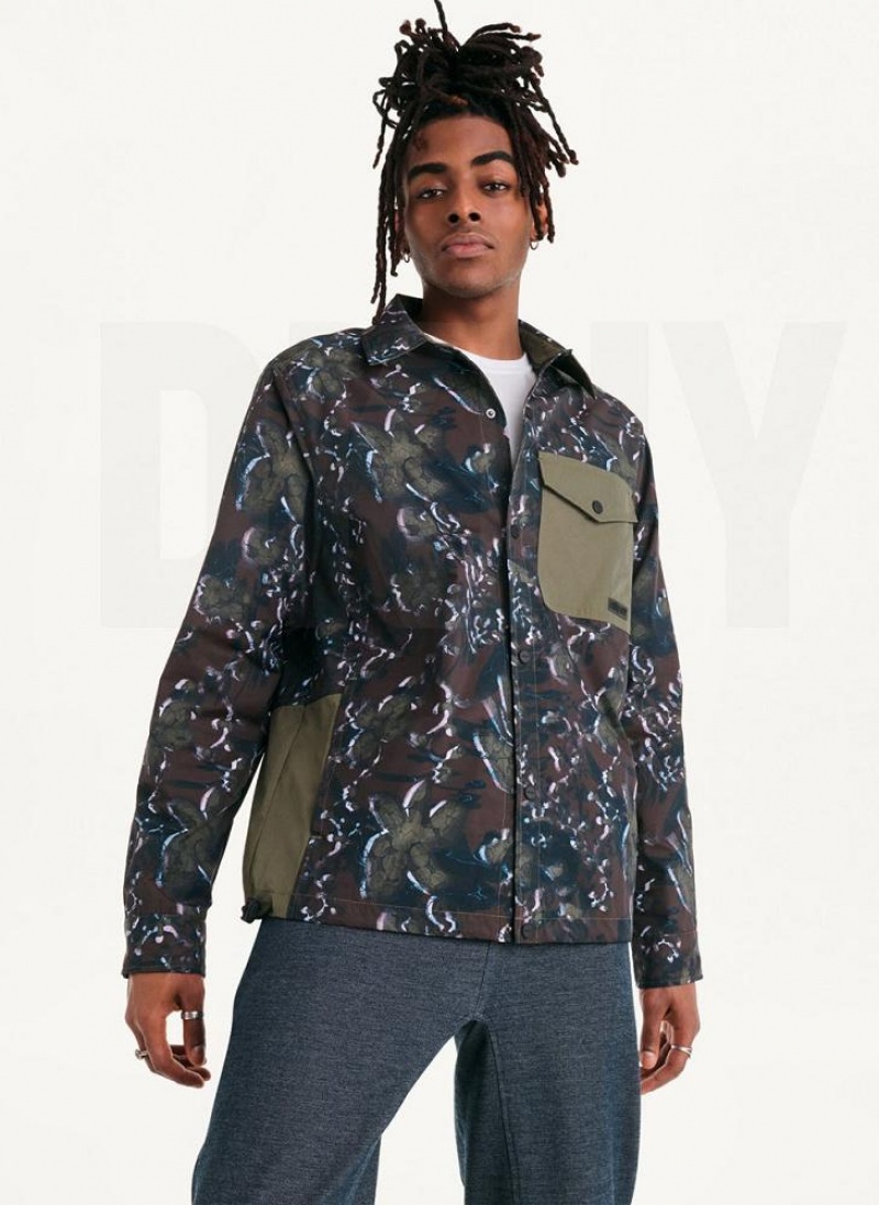Olive Men\'s DKNY Printed Nylon Single Breast Drawstring Hem Jackets | Australia-D1075
