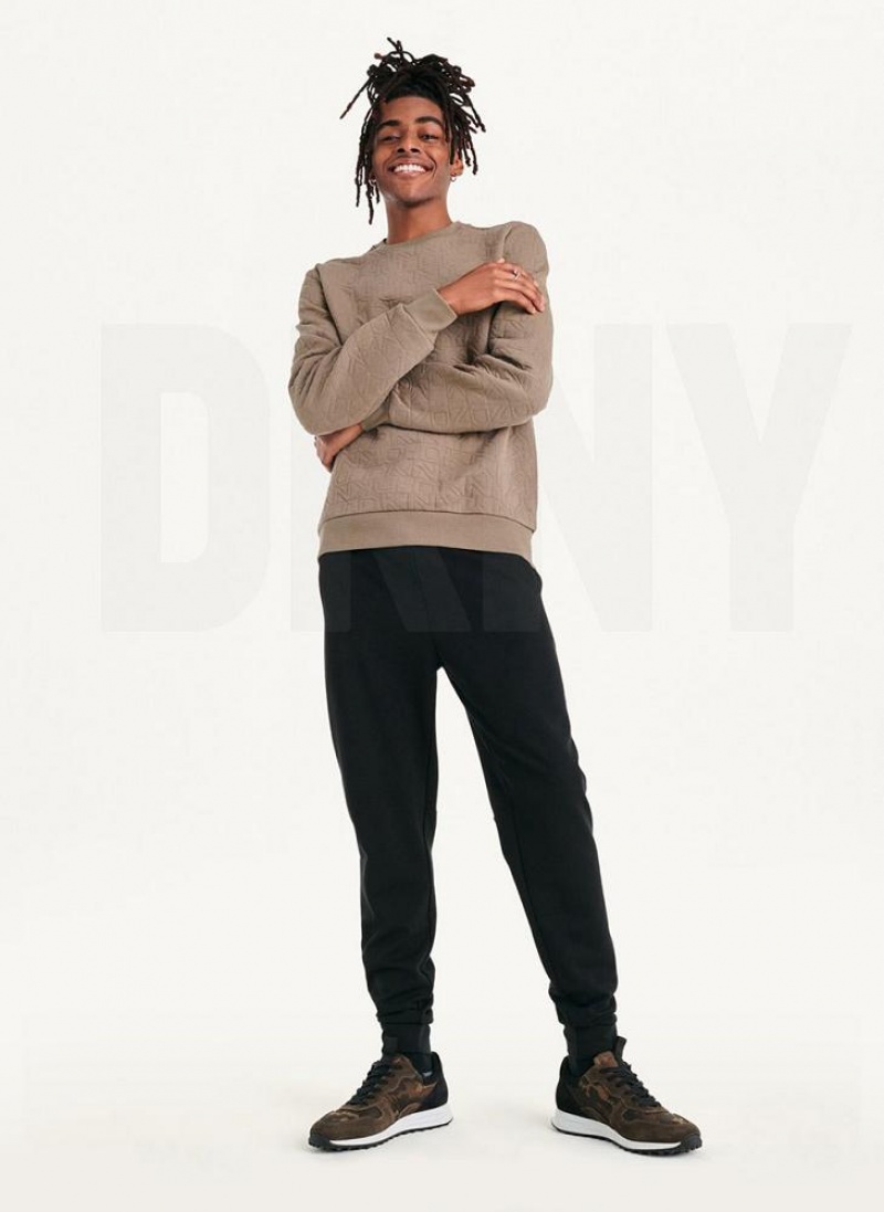 Olive Men's DKNY Quilted Knit Allover Logo Crewneck Sweatshirts | Australia-D0937
