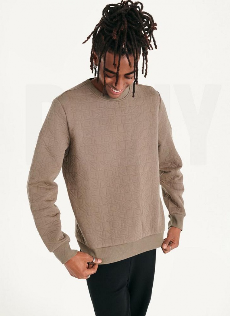 Olive Men's DKNY Quilted Knit Allover Logo Crewneck Sweatshirts | Australia-D0937