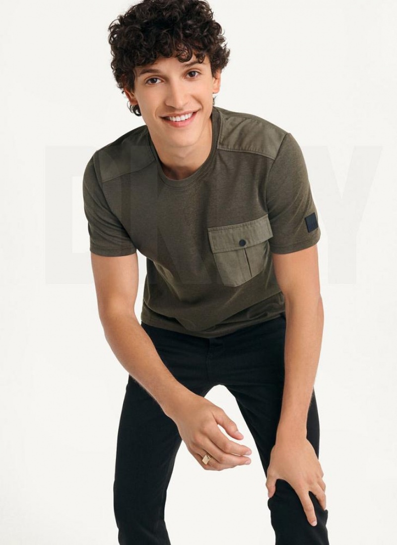 Olive Men's DKNY Solid Pique Crewneck T Shirts | Australia-D0130