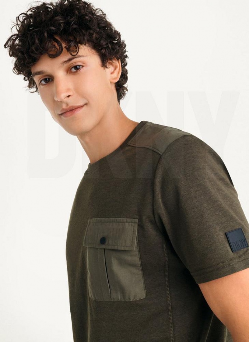 Olive Men's DKNY Solid Pique Crewneck T Shirts | Australia-D0130