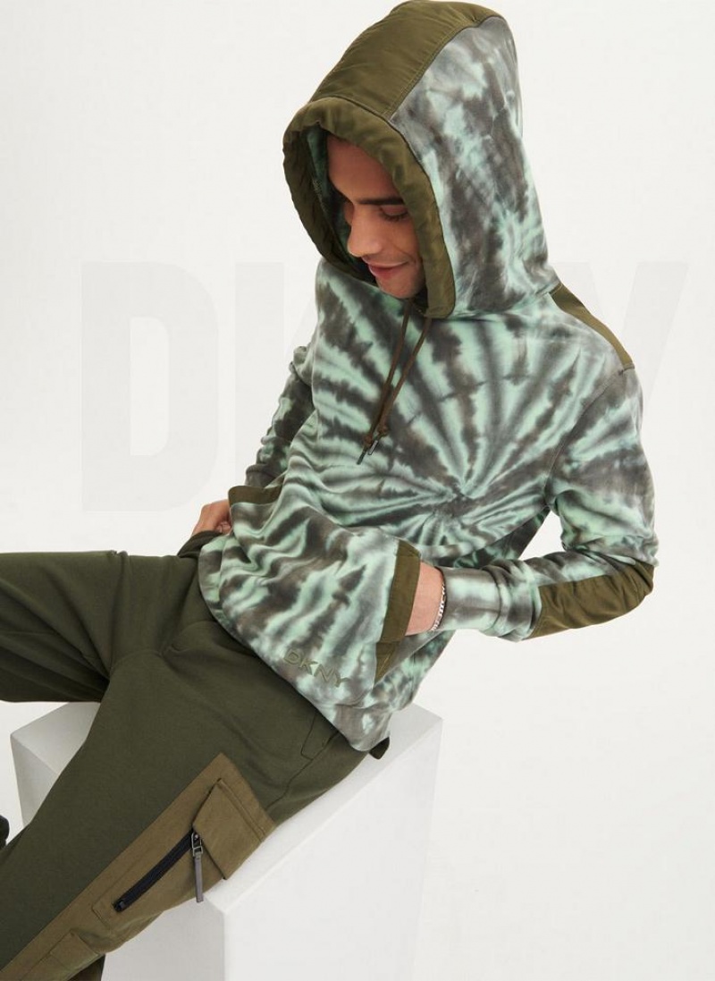 Olive Men's DKNY Tie Dye Mixed Media Hoodies | Australia-D1582