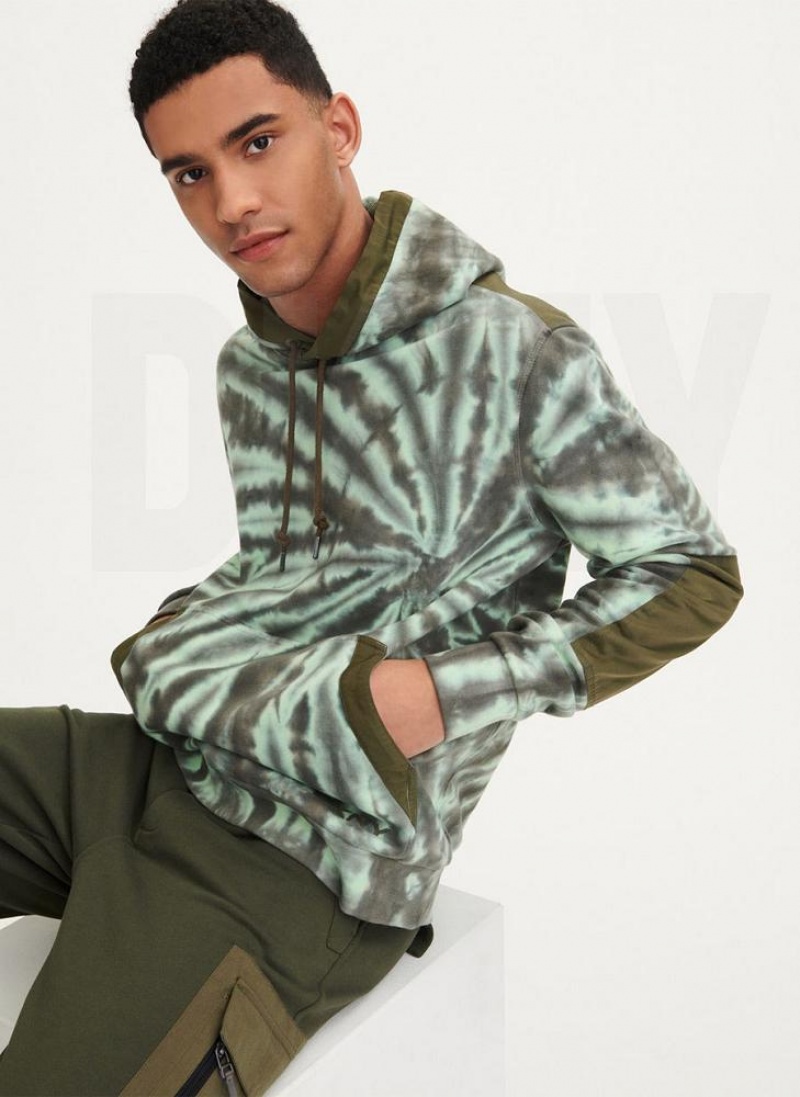 Olive Men\'s DKNY Tie Dye Mixed Media Hoodies | Australia-D1582