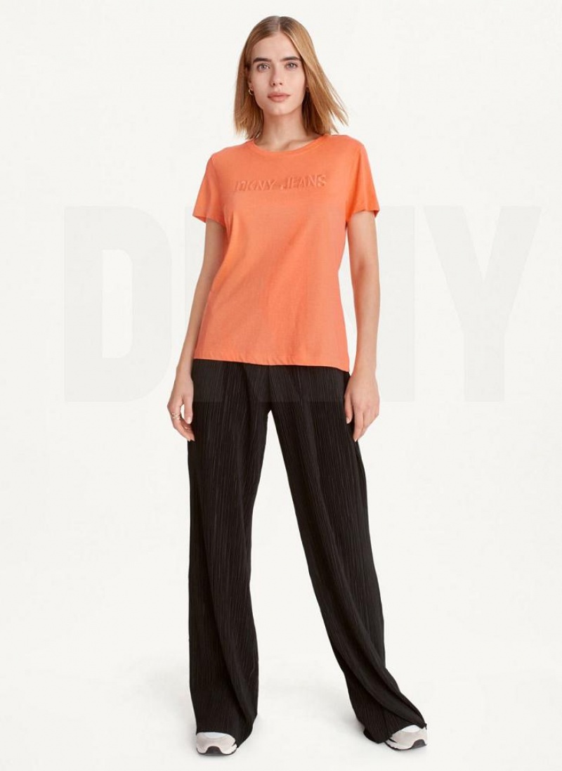 Orange Women's DKNY Short Sleeve Embossed Logo T Shirts | Australia-D1373