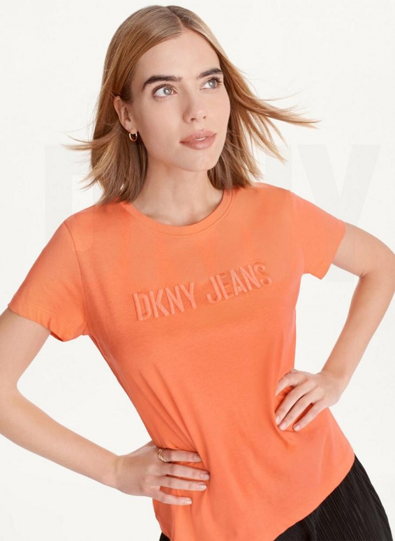Orange Women\'s DKNY Short Sleeve Embossed Logo T Shirts | Australia-D1373
