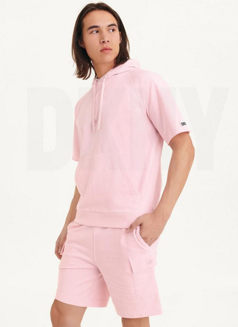 Pink Men\'s DKNY Short Sleeve Pigment Dye Hoodies | Australia-D1662