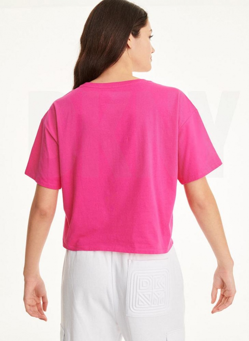 Pink Women's DKNY Embossed Logo Jersey T Shirts | Australia-D0822
