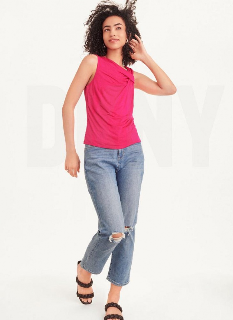 Pink Women's DKNY Gathered Knit Tank Tops | Australia-D0792