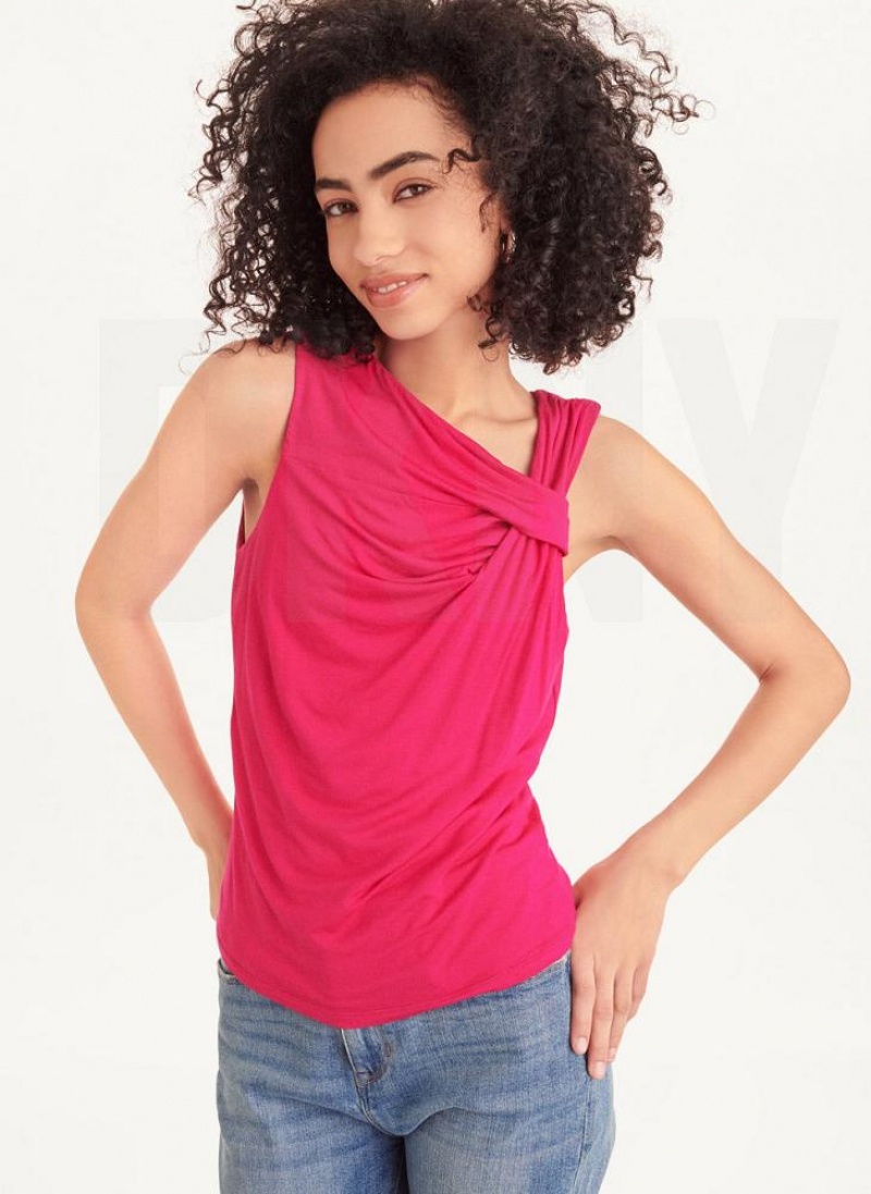 Pink Women\'s DKNY Gathered Knit Tank Tops | Australia-D0792