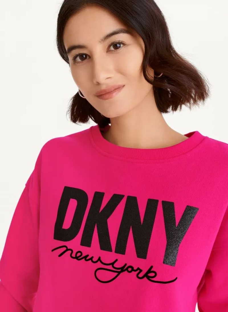 Pink Women's DKNY Glitter Script Logo Cropped Raw Edge Sweatshirts | Australia-D1667
