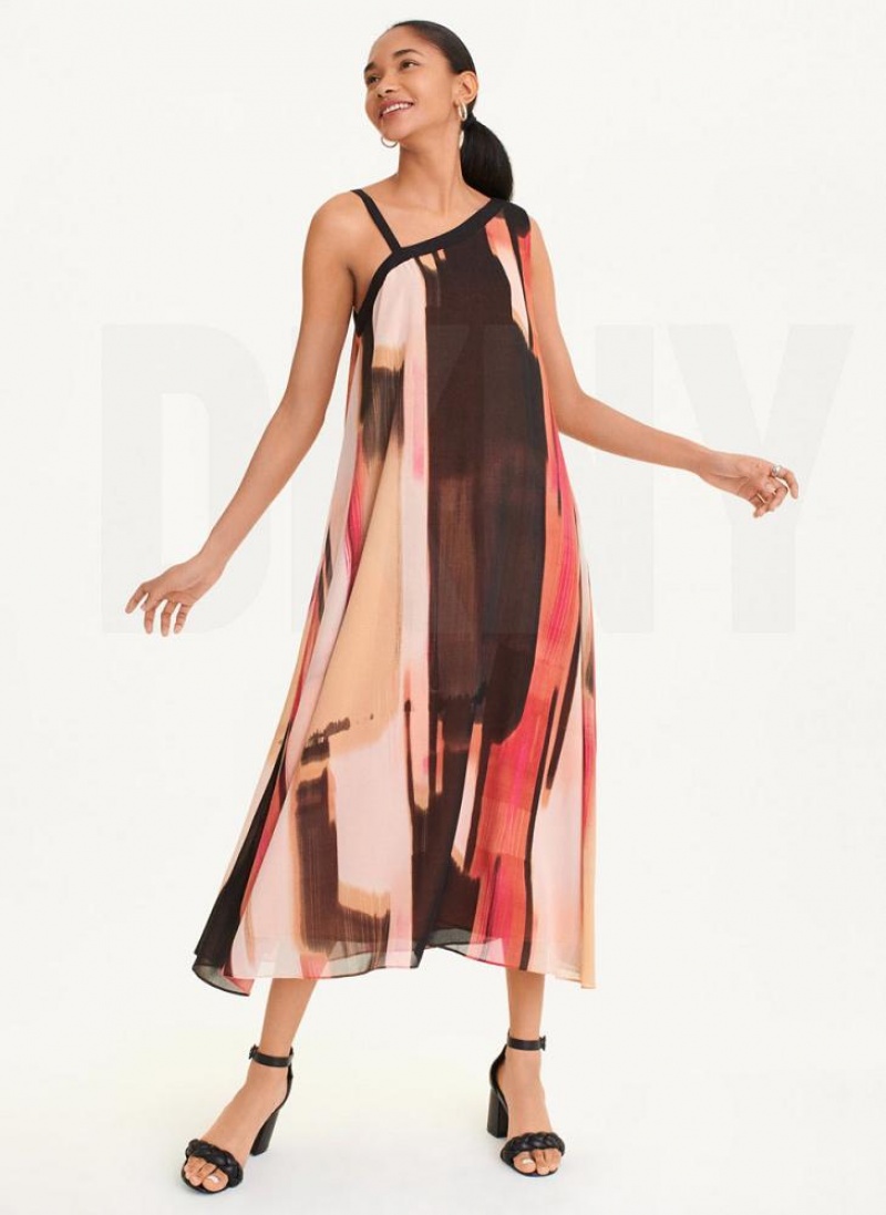 Pink Women's DKNY Printed Chiffon Dresses | Australia-D0192