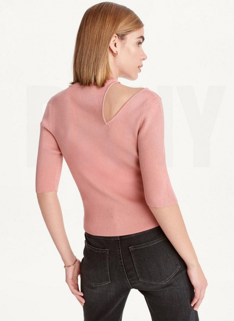 Pink Women's DKNY Short Sleeve Shoulder Cut Out Sweaters | Australia-D0627