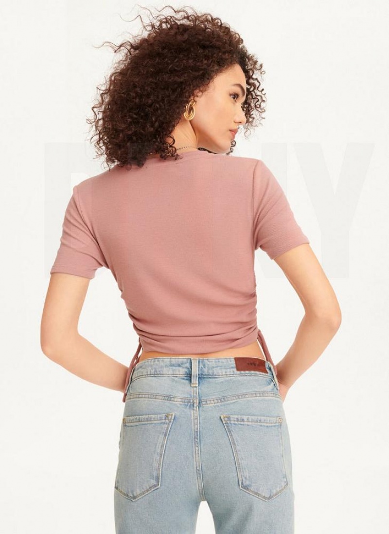Pink Women's DKNY Short Sleeve Side Ruched T Shirts | Australia-D1748