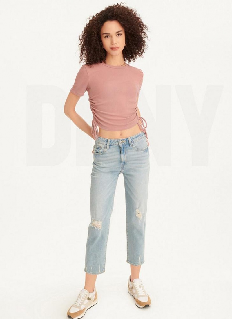 Pink Women's DKNY Short Sleeve Side Ruched T Shirts | Australia-D1748