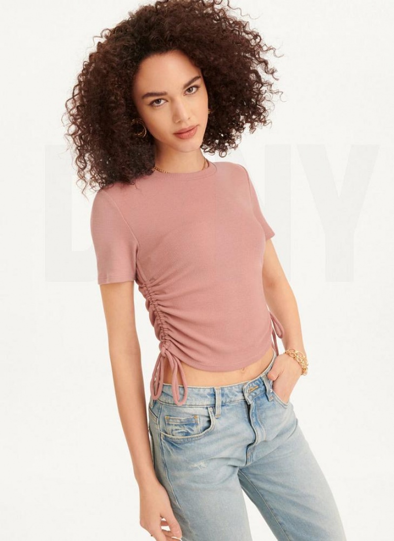 Pink Women's DKNY Short Sleeve Side Ruched T Shirts | Australia-D1748