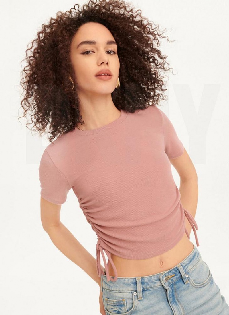 Pink Women's DKNY Short Sleeve Side Ruched T Shirts | Australia-D1748