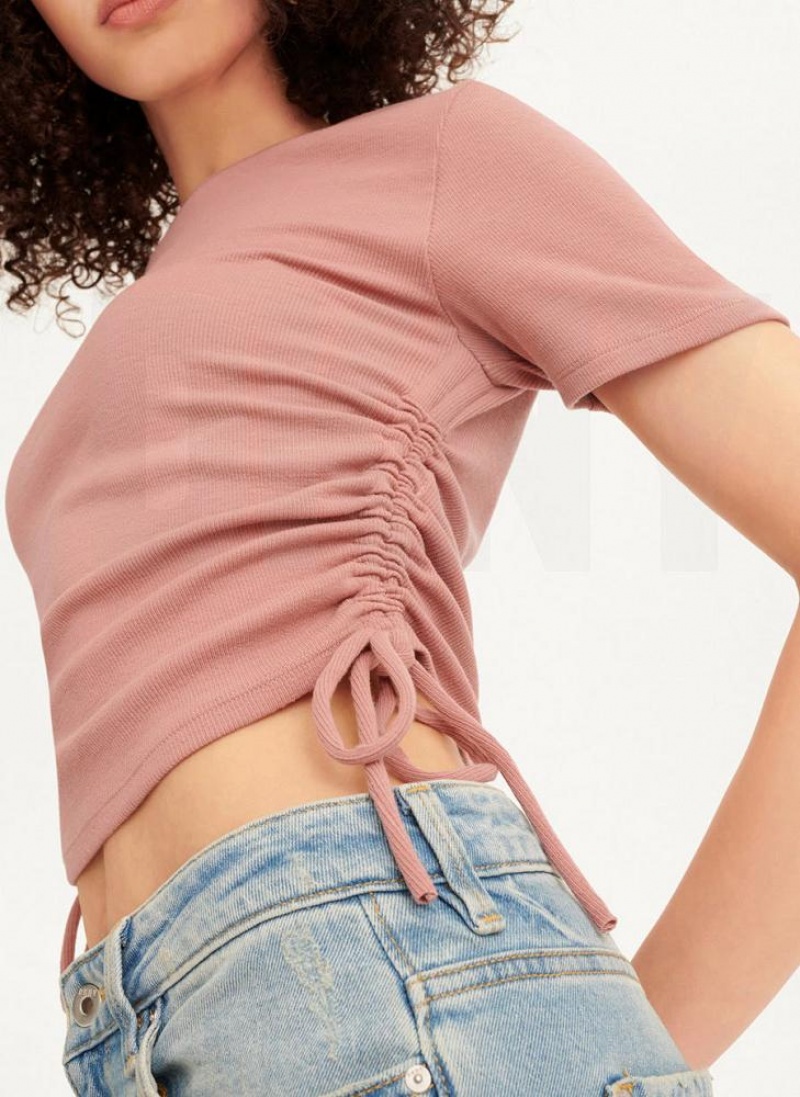 Pink Women's DKNY Short Sleeve Side Ruched T Shirts | Australia-D1748
