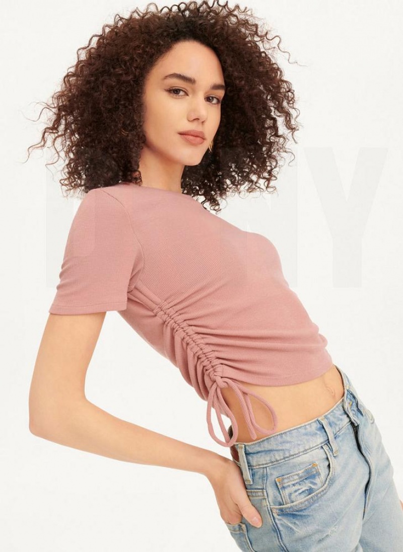 Pink Women\'s DKNY Short Sleeve Side Ruched T Shirts | Australia-D1748