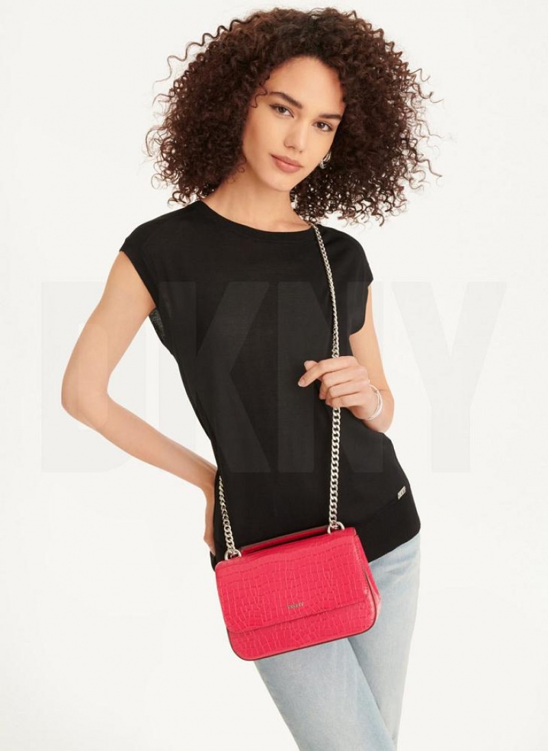 Pink Women's DKNY Sina Croco Flap Shoulder Bags | Australia-D1927