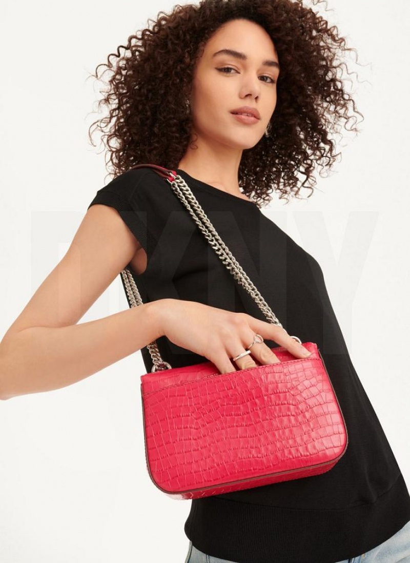 Pink Women's DKNY Sina Croco Flap Shoulder Bags | Australia-D1927