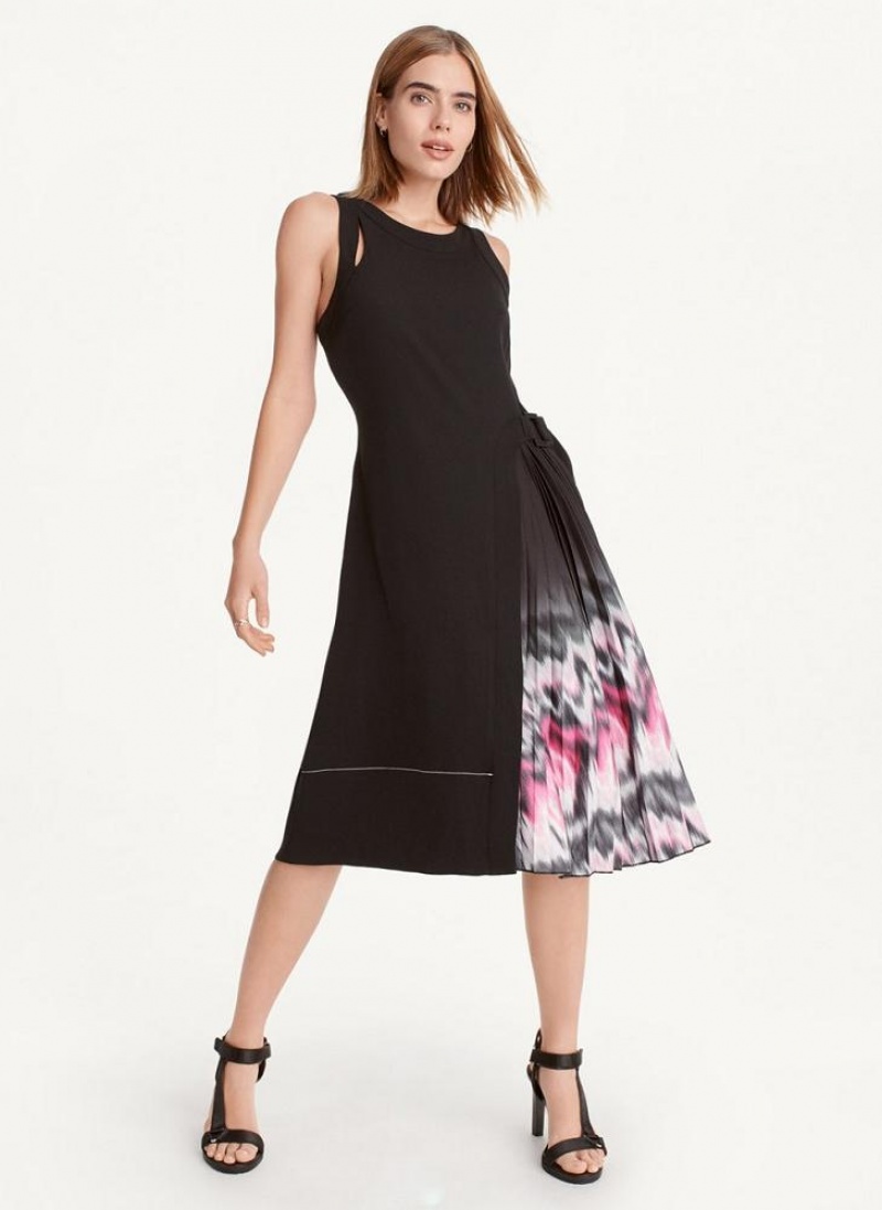 Purple Women's DKNY Crewneck Printed Mix Pleated Midi Dresses | Australia-D0194