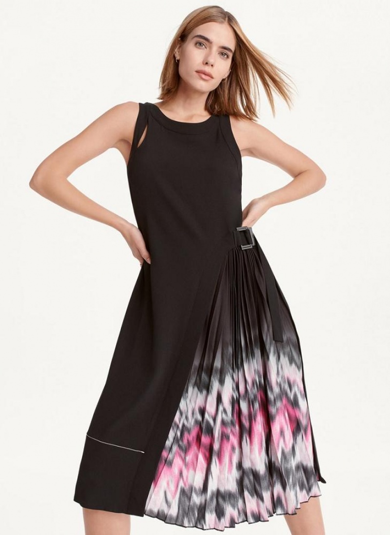 Purple Women\'s DKNY Crewneck Printed Mix Pleated Midi Dresses | Australia-D0194