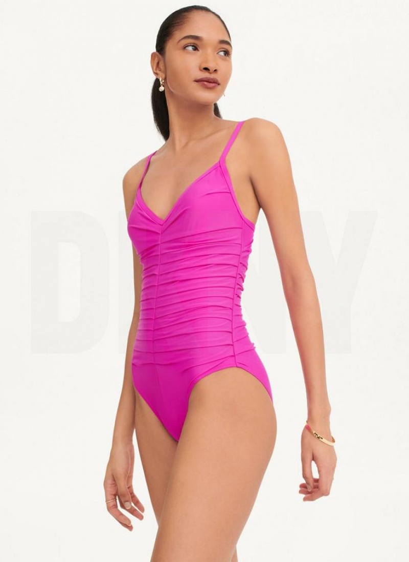 Purple Women's DKNY Pleated One Piece Swimsuits | Australia-D1877