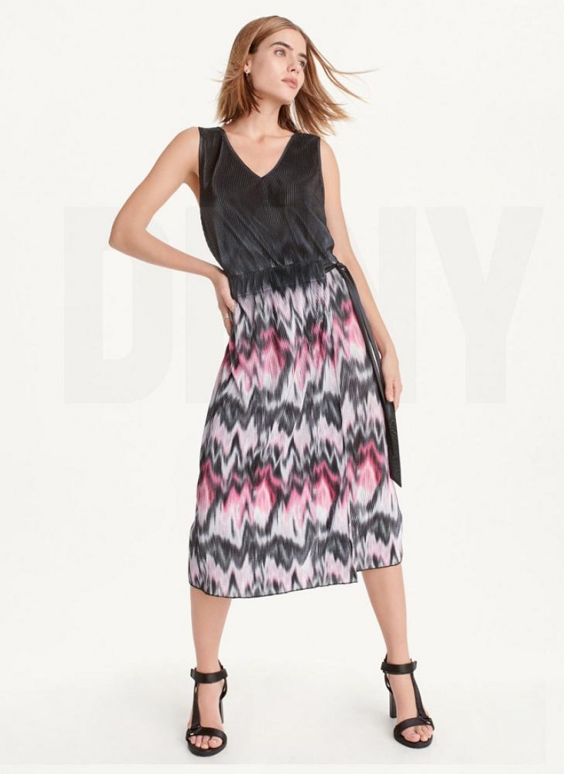 Purple Women's DKNY Printed Pleated Dresses | Australia-D1008