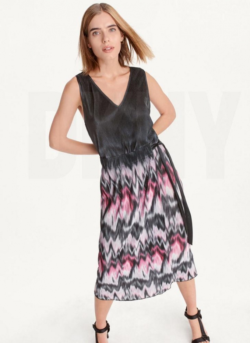 Purple Women\'s DKNY Printed Pleated Dresses | Australia-D1008