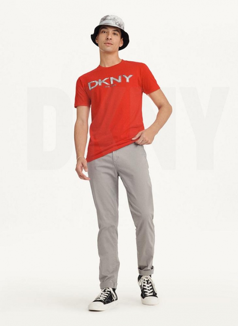 Red Men's DKNY Metallic Puff Logo T Shirts | Australia-D0409
