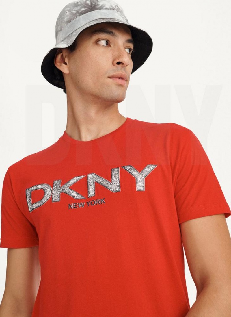 Red Men's DKNY Metallic Puff Logo T Shirts | Australia-D0409