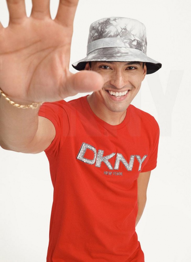 Red Men's DKNY Metallic Puff Logo T Shirts | Australia-D0409