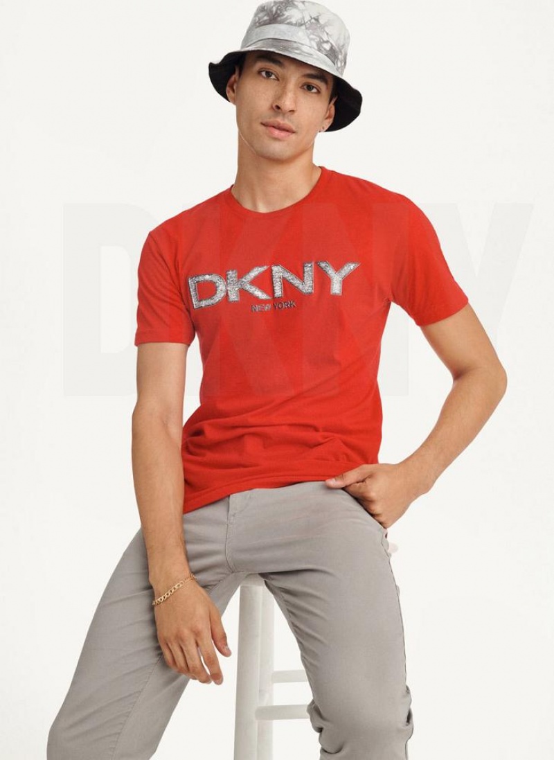 Red Men's DKNY Metallic Puff Logo T Shirts | Australia-D0409
