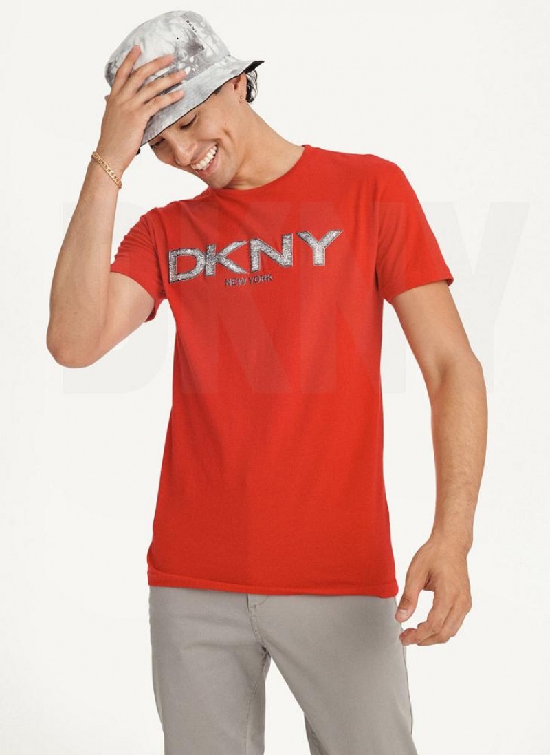 Red Men\'s DKNY Metallic Puff Logo T Shirts | Australia-D0409