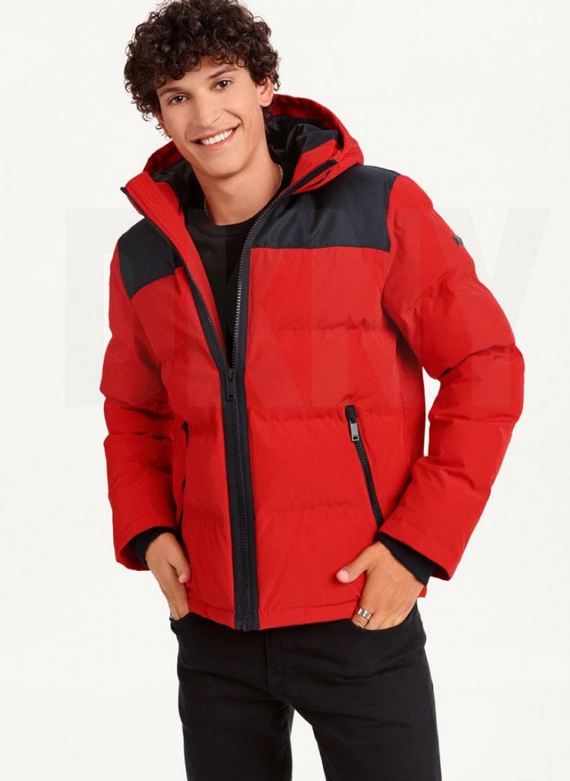 Red Men\'s DKNY Mixed Media Classic Puffer Jacket | Australia-D0703