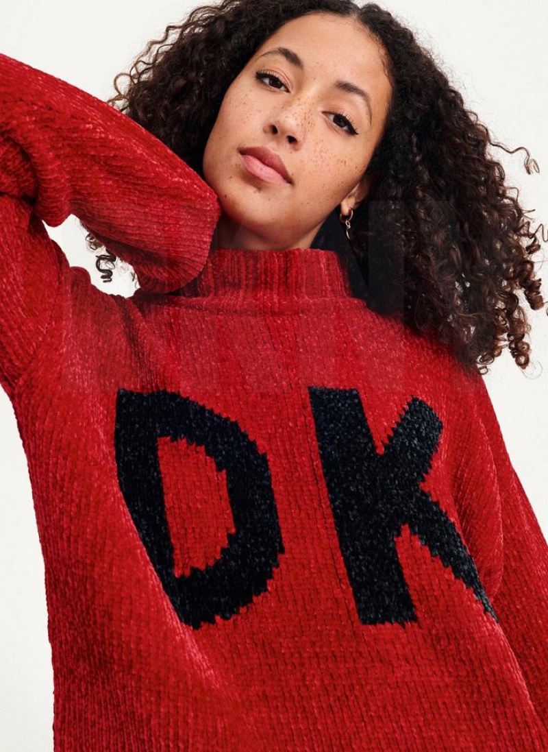 Red Women's DKNY Chunky Chenille Logo Sweaters | Australia-D1809