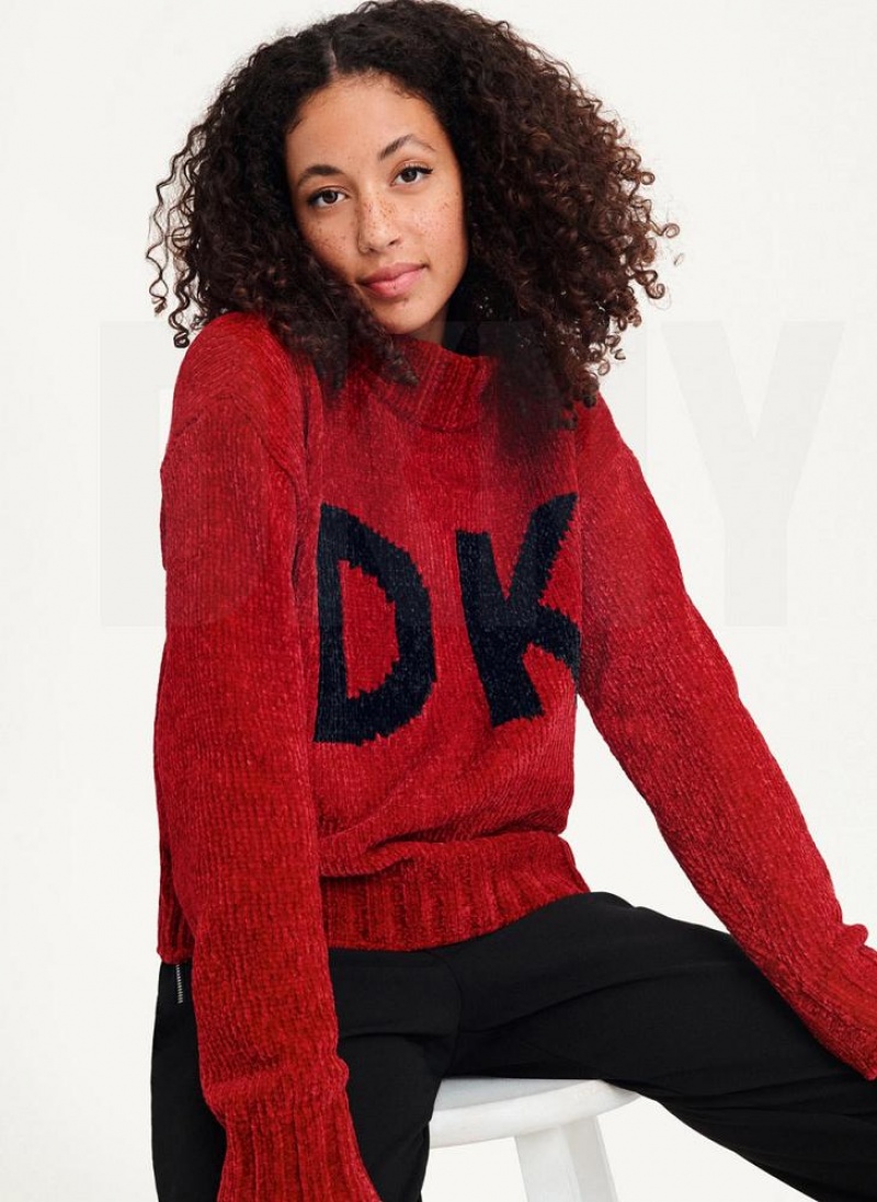 Red Women's DKNY Chunky Chenille Logo Sweaters | Australia-D1809