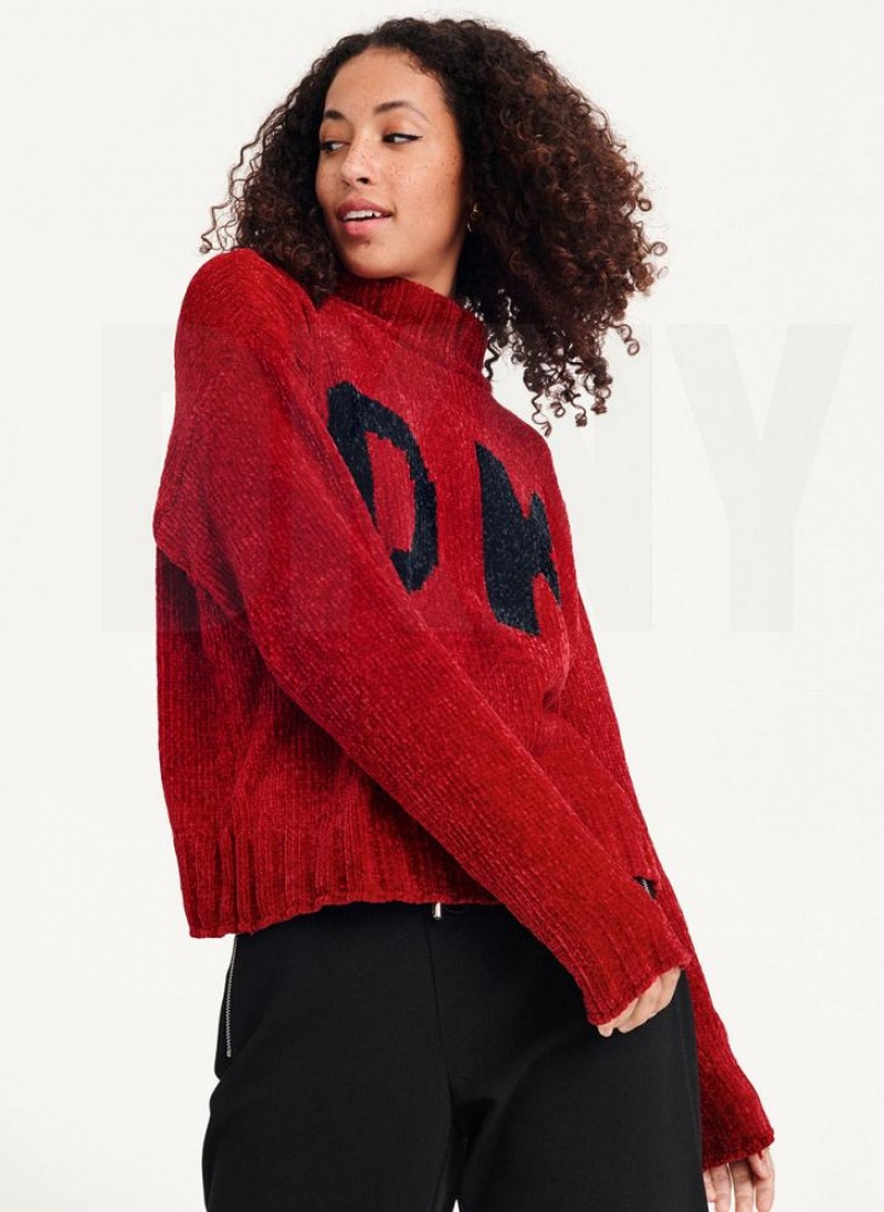 Red Women's DKNY Chunky Chenille Logo Sweaters | Australia-D1809