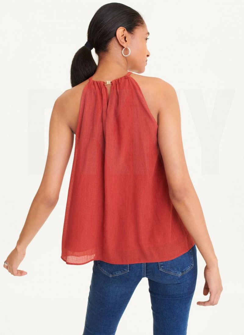 Red Women's DKNY Crinkle Rayon Crossover Blouse Tank Tops | Australia-D1115