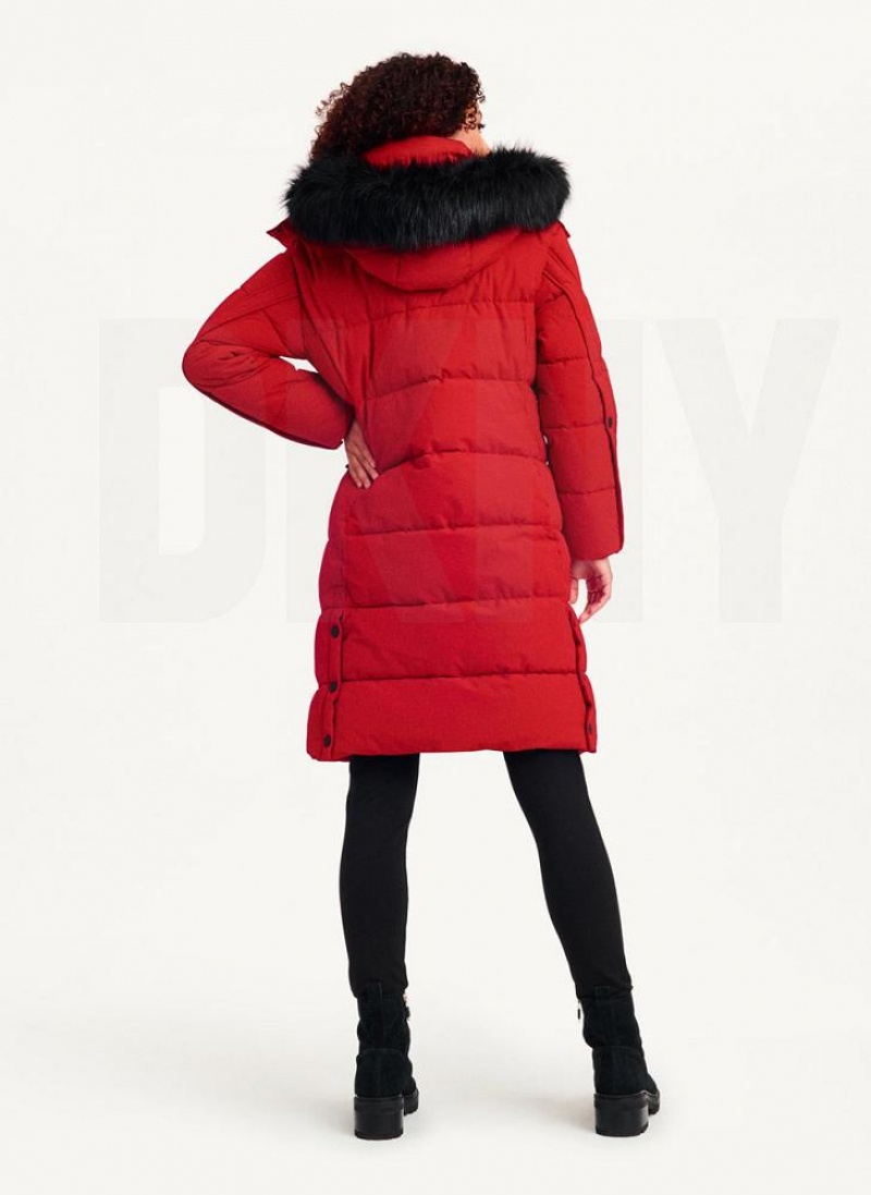 Red Women's DKNY Long Puffer With Faux Fur Hood Coats | Australia-D1013