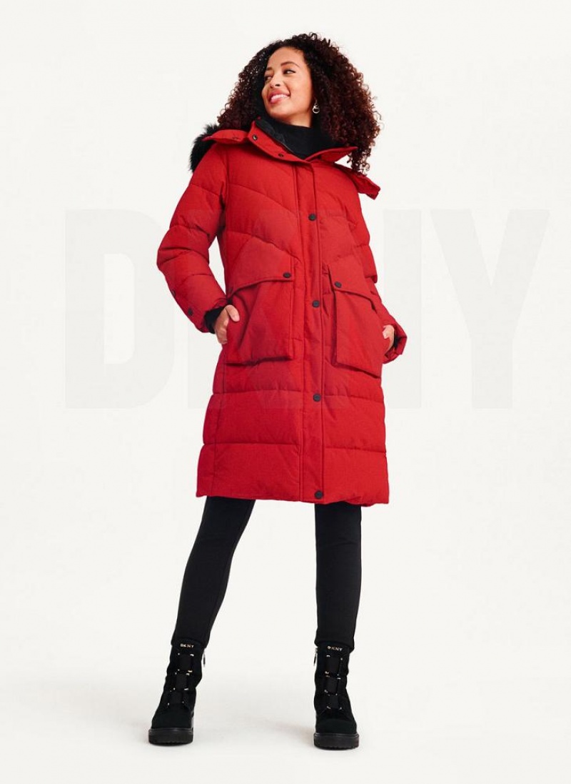 Red Women's DKNY Long Puffer With Faux Fur Hood Coats | Australia-D1013