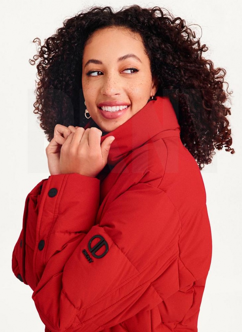Red Women's DKNY Long Puffer With Faux Fur Hood Coats | Australia-D1013