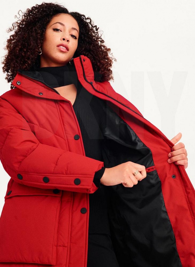 Red Women's DKNY Long Puffer With Faux Fur Hood Coats | Australia-D1013