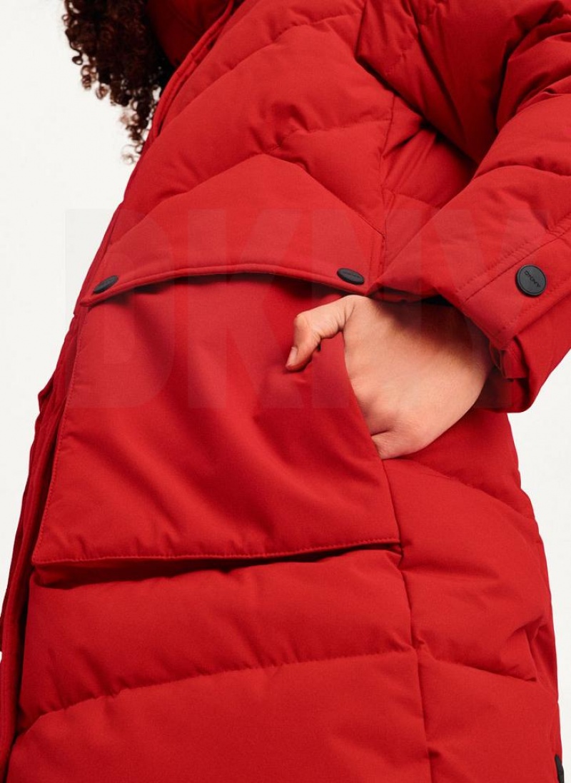 Red Women's DKNY Long Puffer With Faux Fur Hood Coats | Australia-D1013