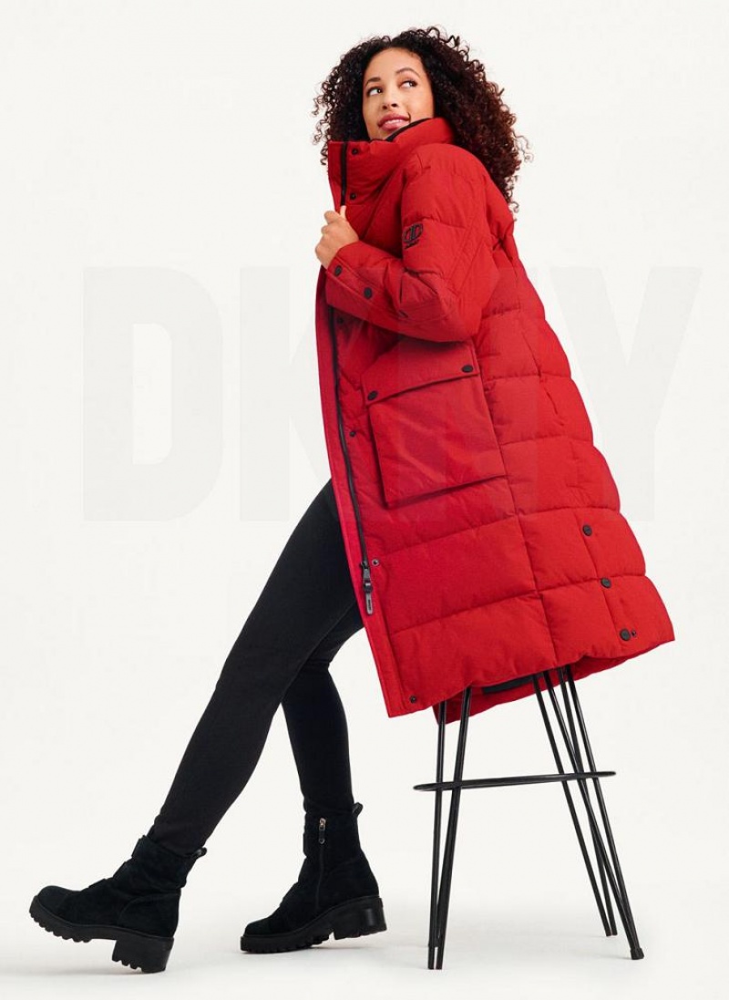 Red Women's DKNY Long Puffer With Faux Fur Hood Coats | Australia-D1013
