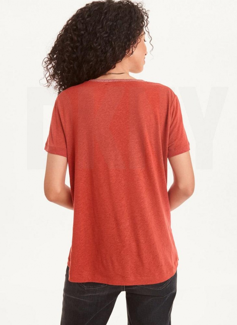 Red Women's DKNY Lurex Trim T Shirts | Australia-D0722