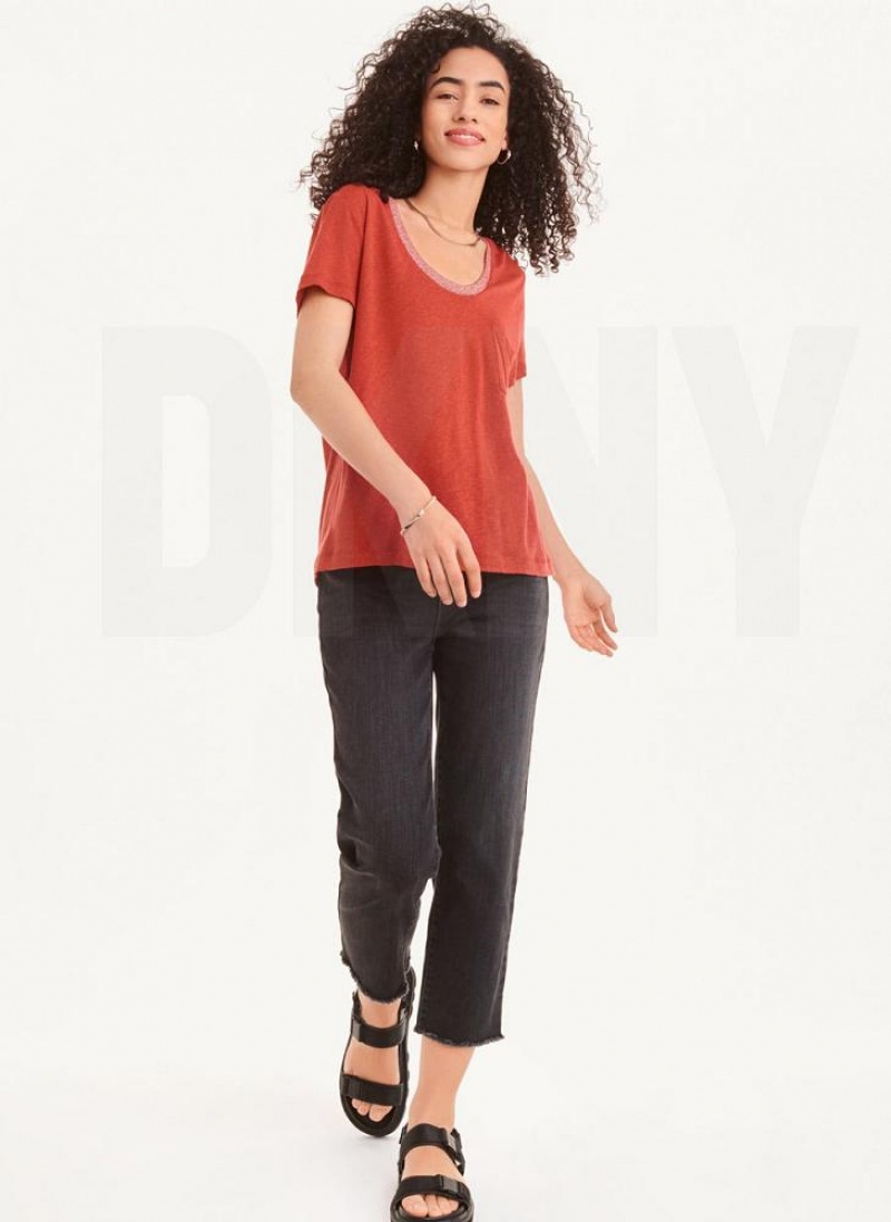 Red Women's DKNY Lurex Trim T Shirts | Australia-D0722
