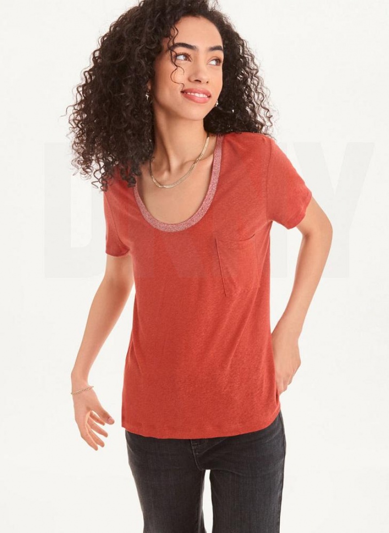 Red Women\'s DKNY Lurex Trim T Shirts | Australia-D0722