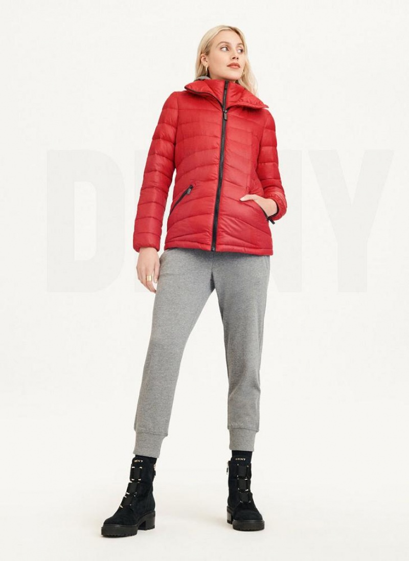Red Women's DKNY Packable Puffer Jacket | Australia-D0327