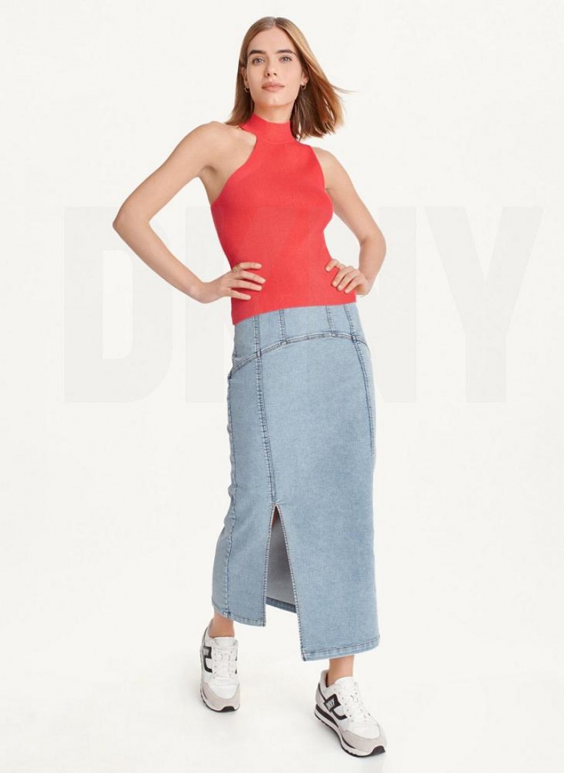 Red Women's DKNY Sleeveless Mock Neck Sweater Tank Tops | Australia-D1915